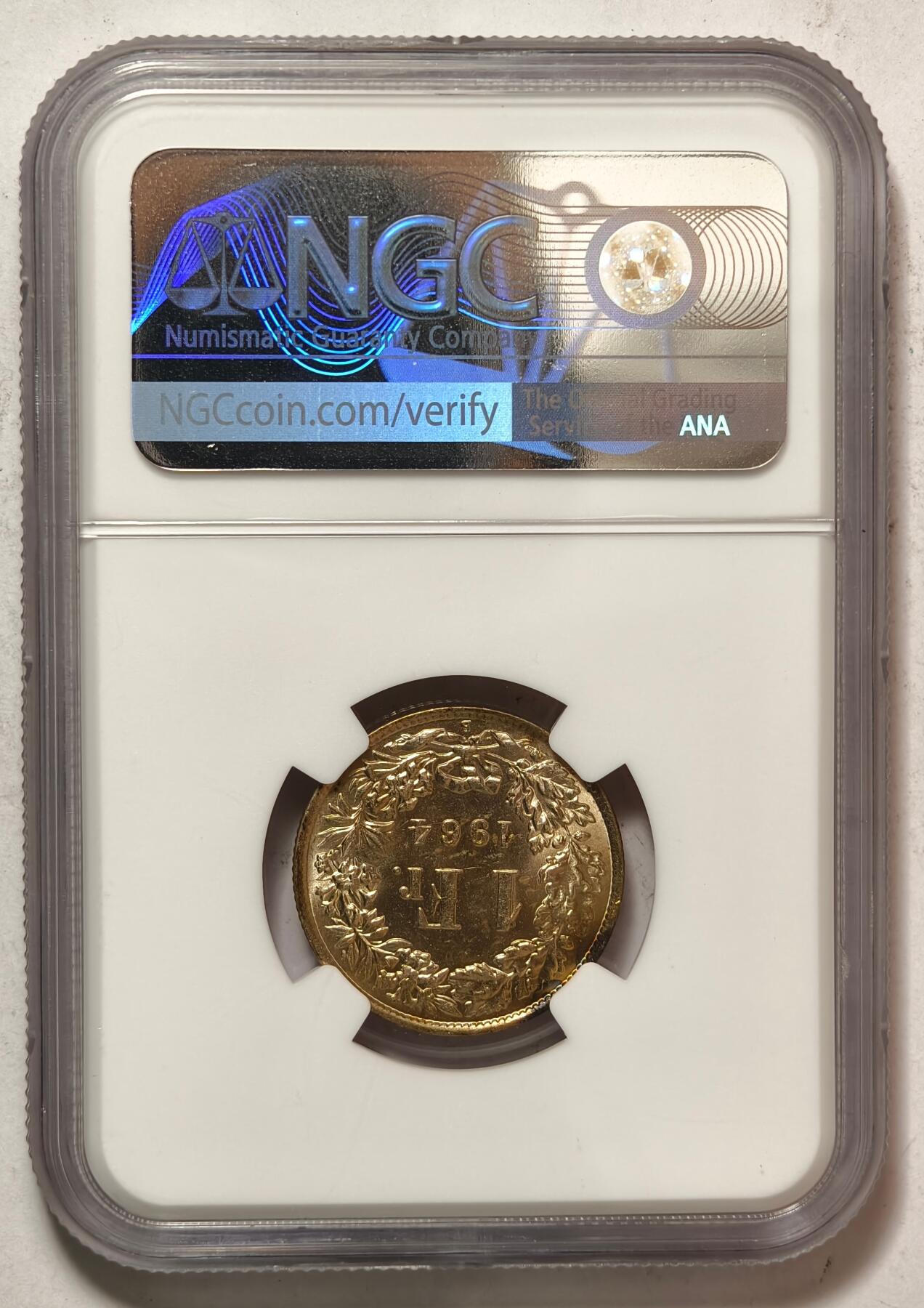 紫瑗钱币——第464期 瑞士 1964年 B版 赫尔维蒂亚 1法郎 银币 NGC MS64
