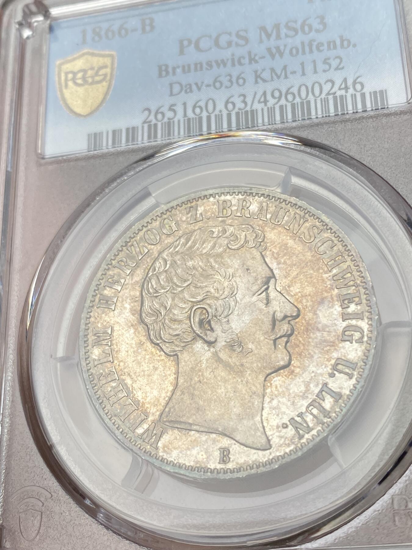 万国钱币拍卖第034期 PCGS MS63 1866年德国布伦瑞克-狼堡盾徽流通1泰勒 小邦精品 金彩包浆非常亮眼 