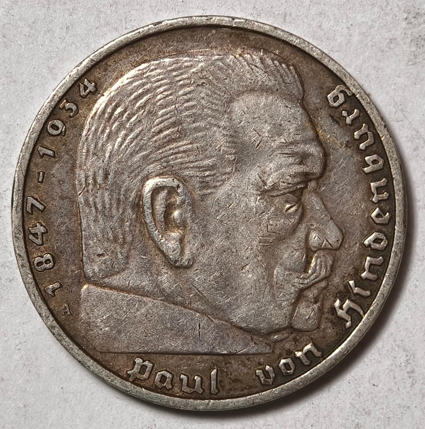 紫瑗钱币——第496期 德国 1938年 A版 兴登堡 字符 5马克 13.9克 0.9银
