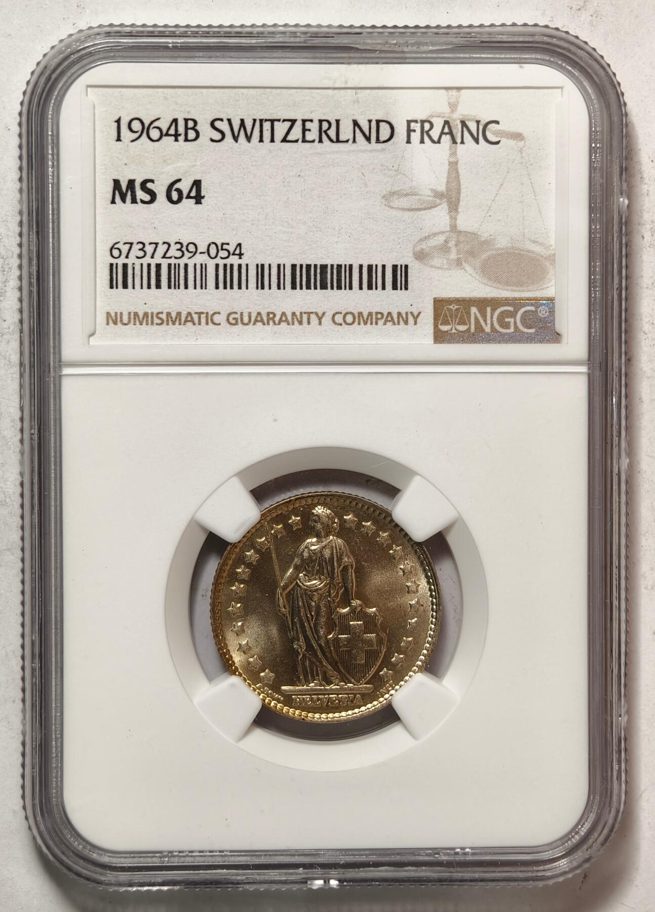 紫瑗钱币——第464期 瑞士 1964年 B版 赫尔维蒂亚 1法郎 银币 NGC MS64