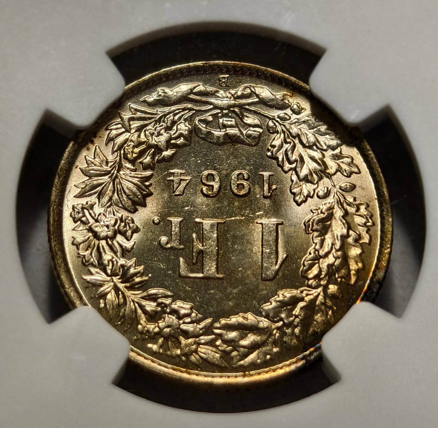 紫瑗钱币——第464期 瑞士 1964年 B版 赫尔维蒂亚 1法郎 银币 NGC MS64