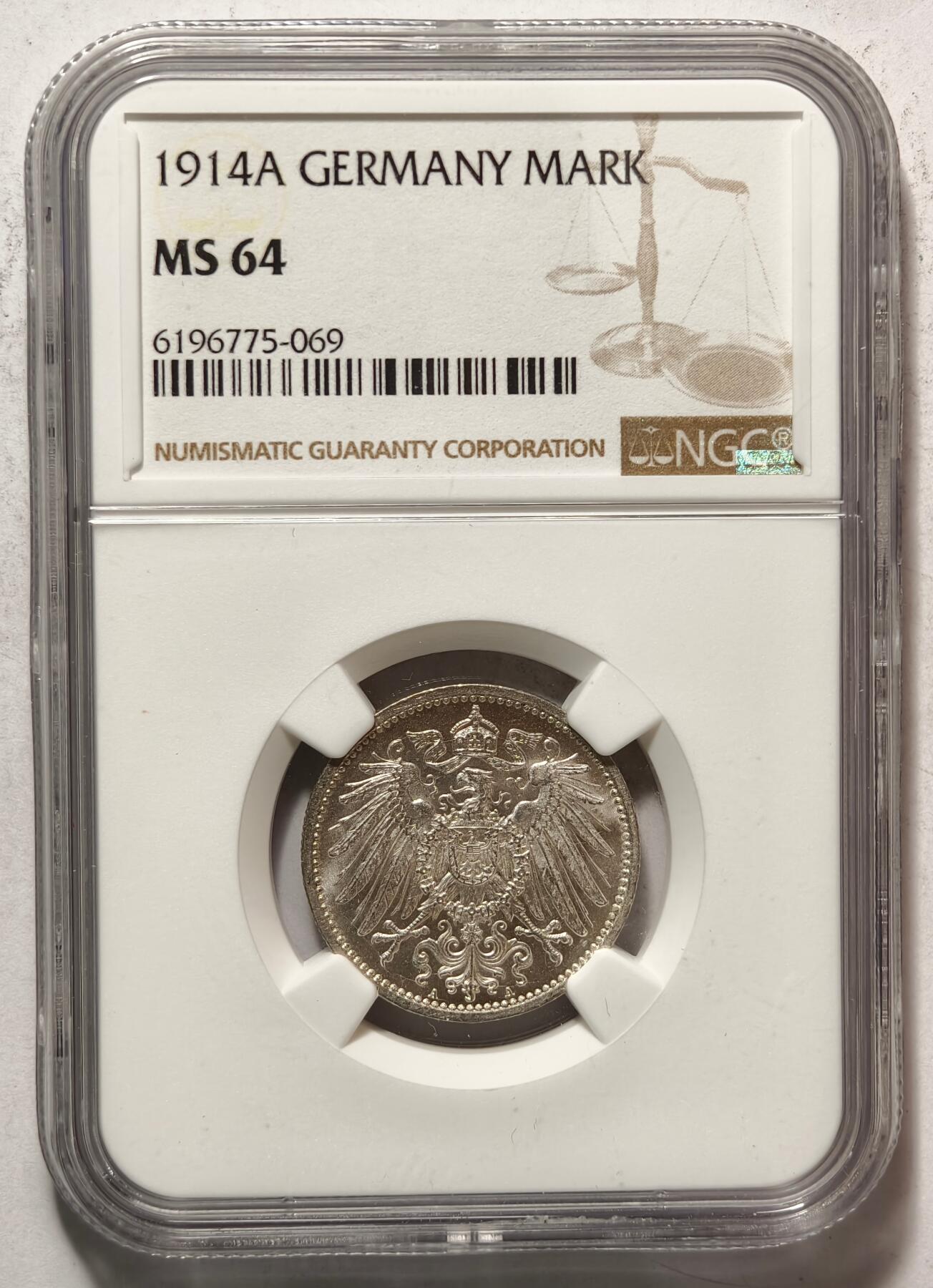 紫瑗钱币——第428期 德国 1914年 A版 第二帝国 长翅 1马克 银币 NGC MS64 
