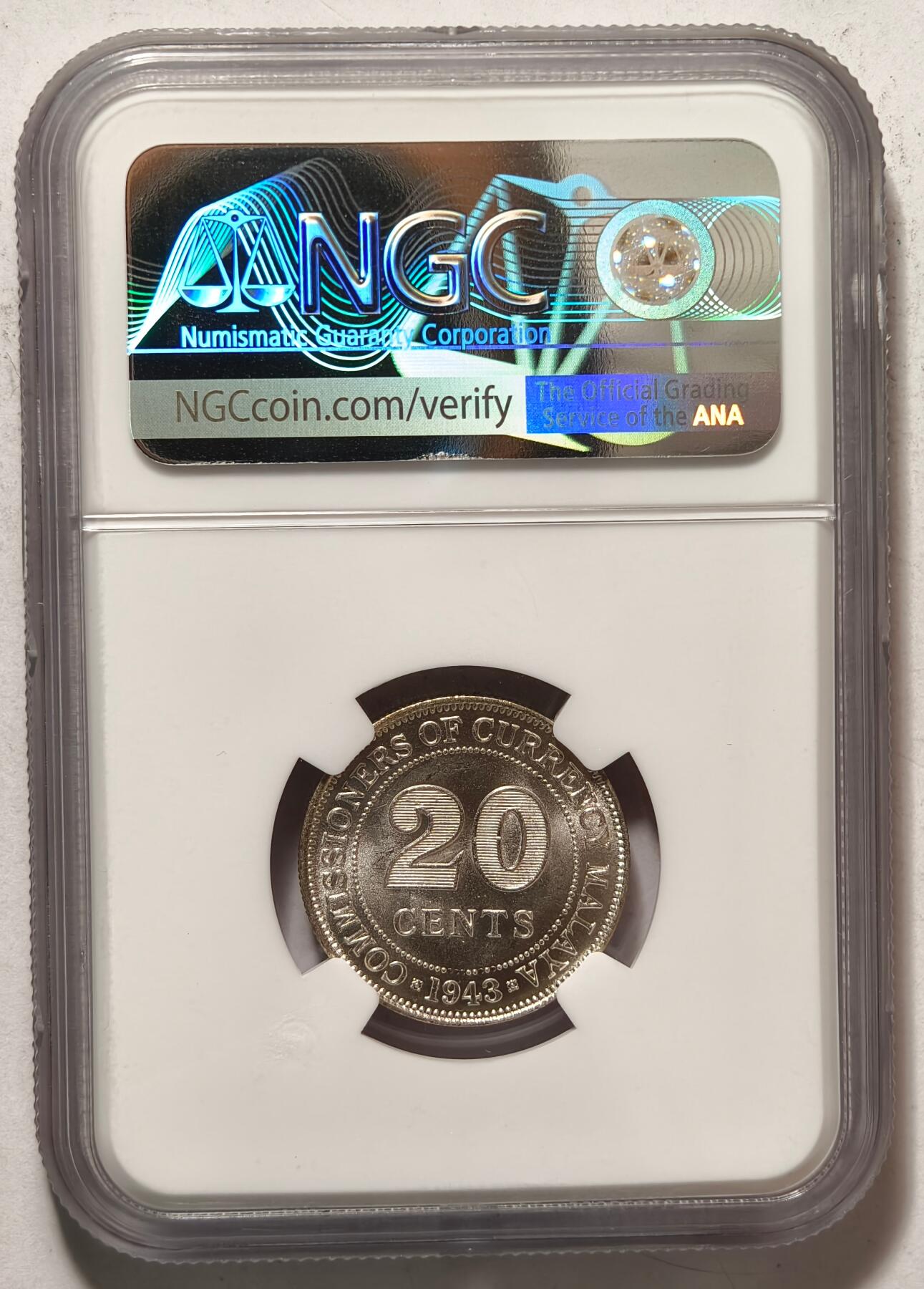 紫瑗钱币——第428期 马来亚 1943年 乔治六世 20分 银币 NGC MS64