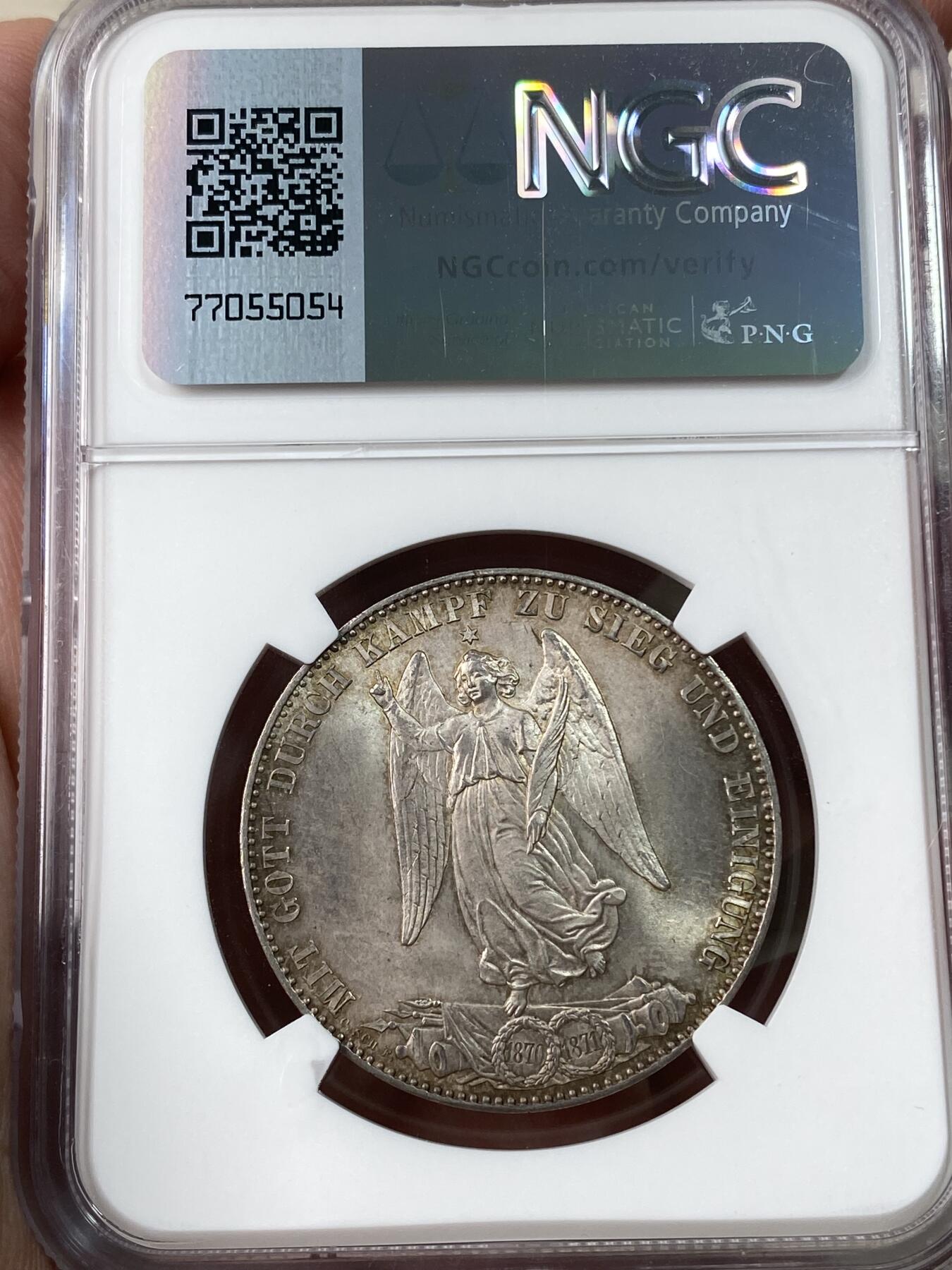 万国钱币拍卖第034期 NGC MS66 1871年德国符腾堡普法战争胜利纪念流通1泰勒 顶级品相胜利天使 NGC冠军分