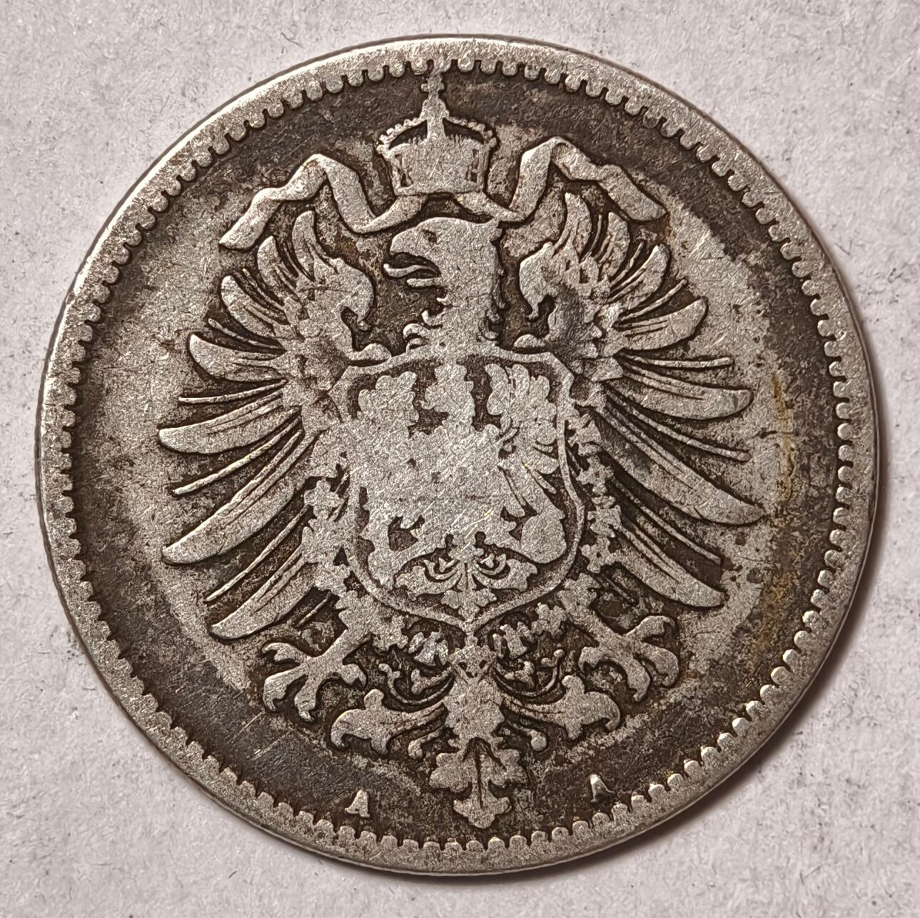 紫瑗钱币——第446期 德国 1874年 A版 第二帝国 短翅 1马克 5.5克 0.9银