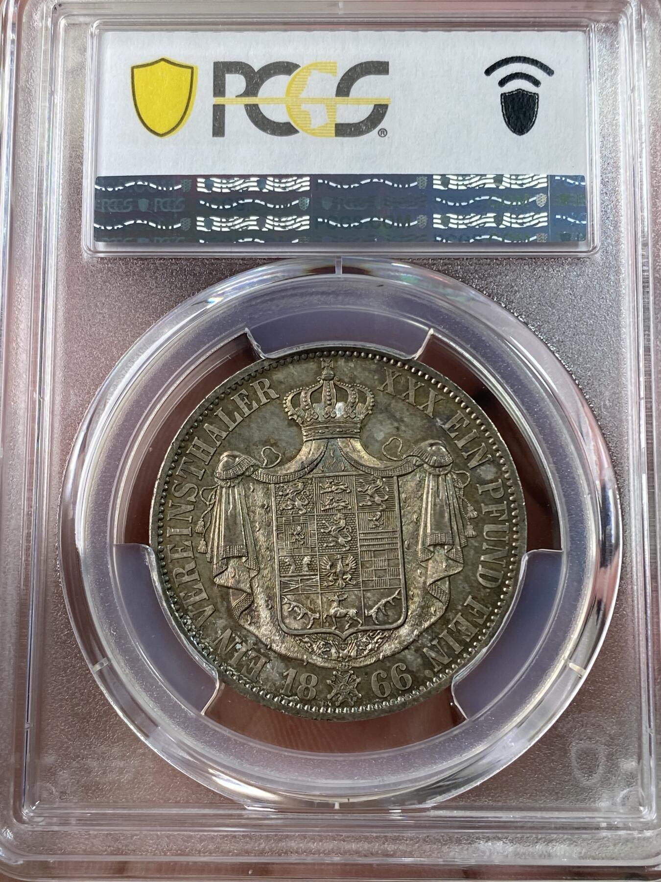万国钱币拍卖第034期 PCGS MS63 1866年德国布伦瑞克-狼堡盾徽流通1泰勒 小邦精品 金彩包浆非常亮眼 