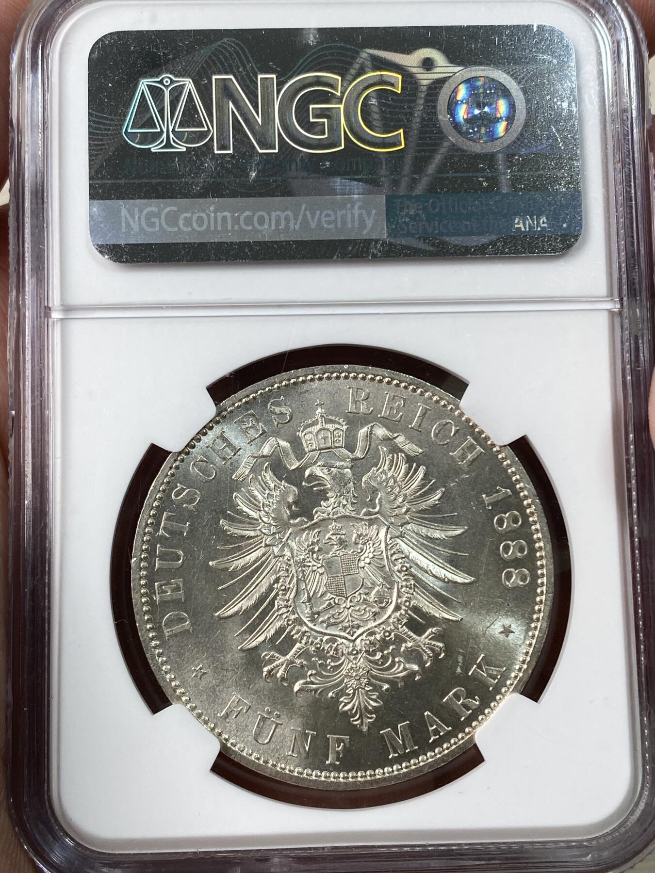 万国钱币拍卖第034期 NGC MS63 1888普鲁士弗三短翅5马克大银 银光满满
