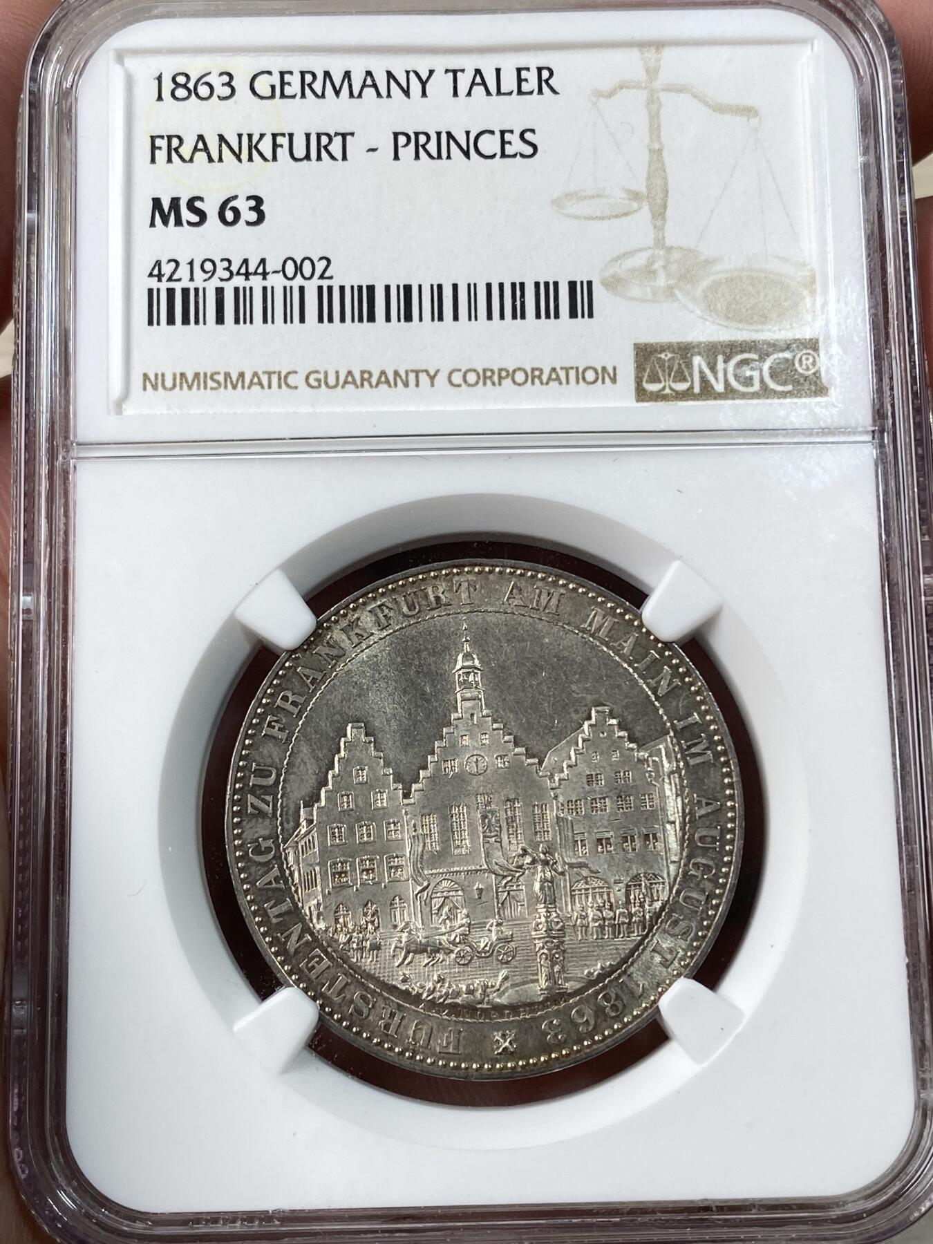万国钱币拍卖第034期 NGC MS63 1863年德国法兰克福王子会议流通1泰勒 原味转光 百看不厌 