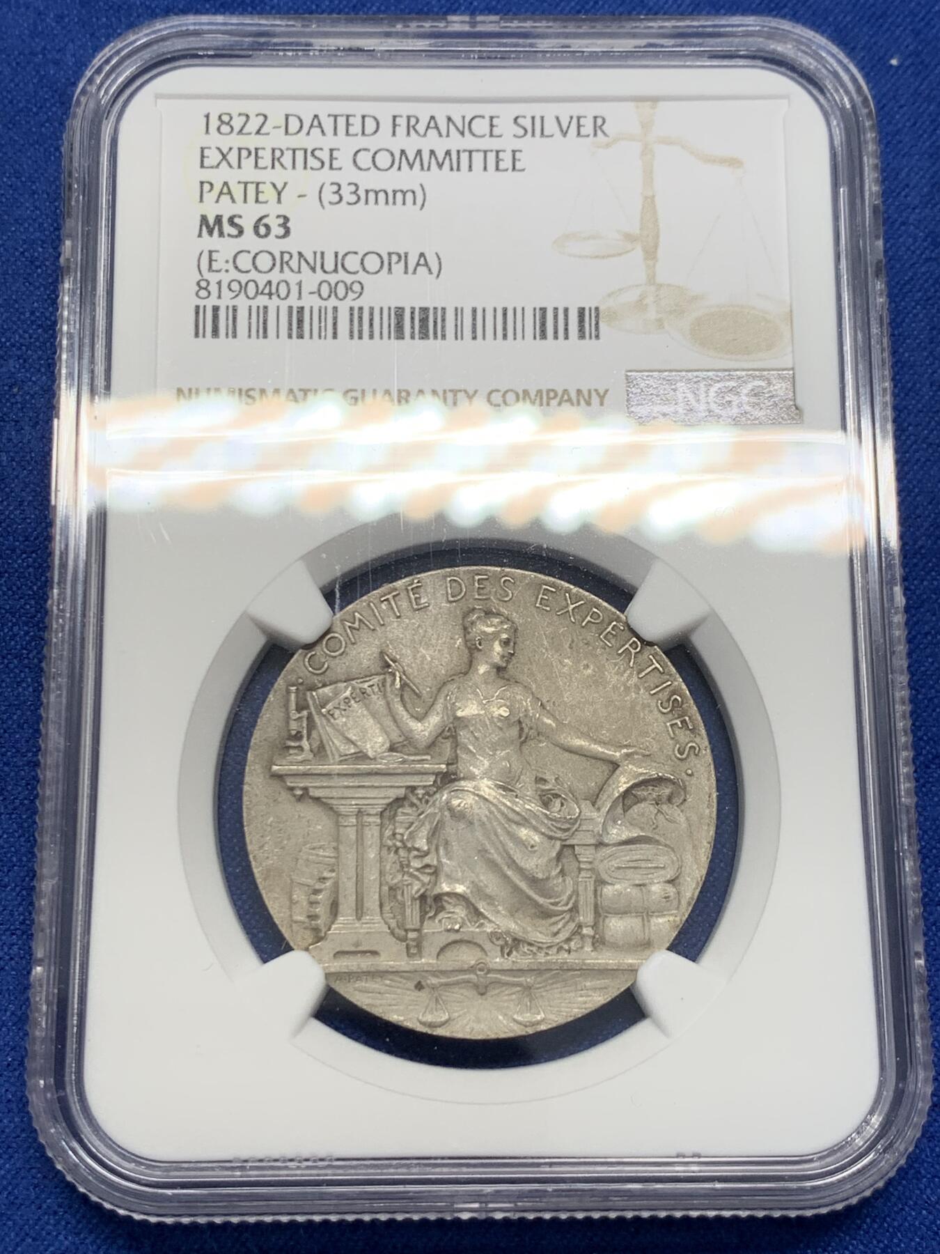 《竞宝斋》第309场   周日，周一,周二 3场连拍 （全场包邮） NGC-MS63 1822年法国商业和工业部专家会议女神银章代用币 丰饶角边铭 33mm 重约14.3克 刻画细腻细节丰富，表面用了哑光工艺，非常漂亮的小章子。