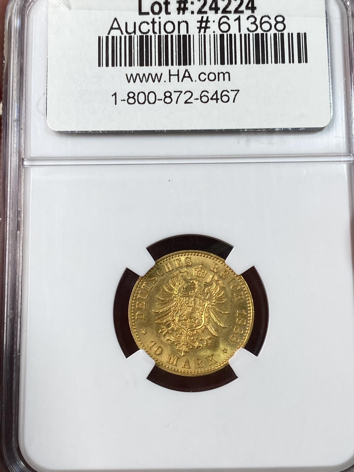 万国钱币拍卖第034期 NGC MS66 1888年德国普鲁士威廉一世末年短翅10马克金币 罕见年份（盒子边缘有破损）