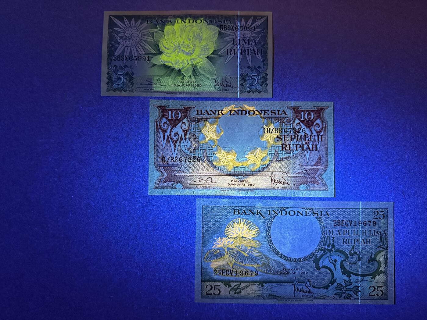 《张总收藏》168期-周六外币荟萃 印度尼西亚5、10、25盾3张 UNC- 1959年版 局部荧光