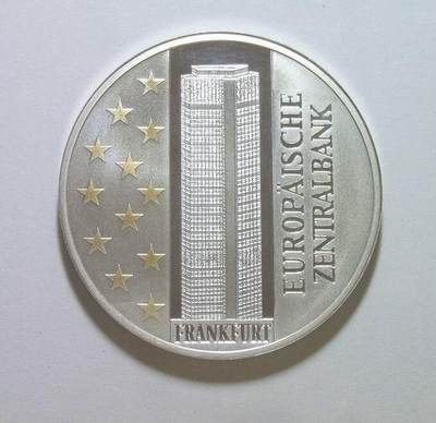 德国法兰克福欧洲中央银行大厦 高浮雕精制大镀银章 40MM - 德国法兰克福欧洲中央银行大厦 高浮雕精制大镀银章 40MM