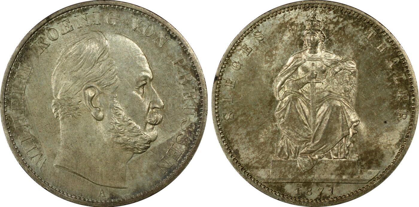 万国钱币拍卖第034期 PCGS MS64 1871年德国普鲁士普法战争胜利纪念流通1泰勒 日耳曼妮娅送上祝福 如此原味非常难得