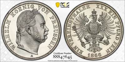 万国钱币拍卖第034期 - PCGS PR63CAM 1866年德国普鲁士普奥战争胜利纪念1泰勒 精制深度镜面 小镜子一般 可谓万里挑一的状态 名誉品