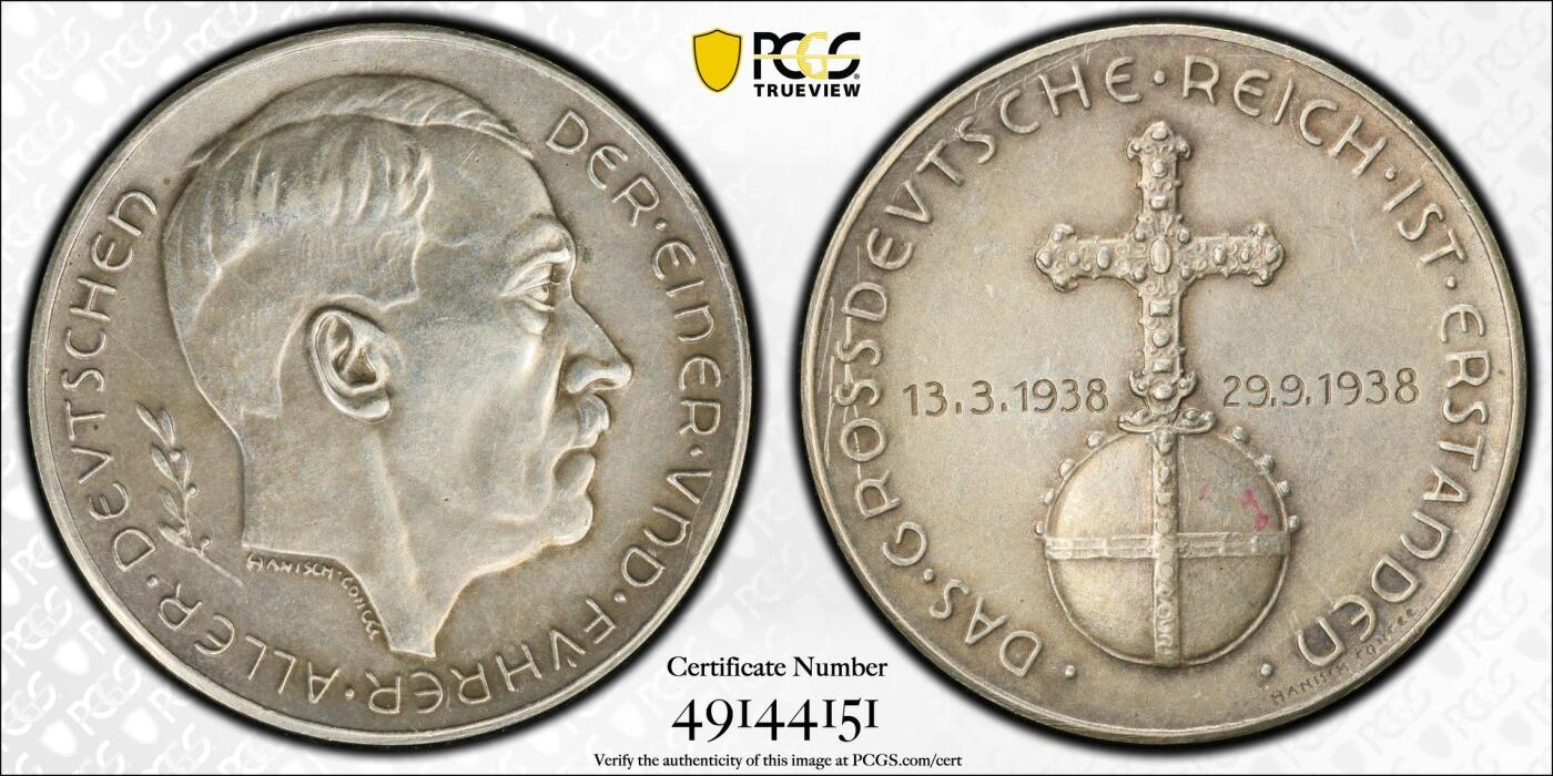 万国钱币拍卖第034期 PCGS SP58 1938年德国民族社会主义工人党纪念吞并奥地利银章 名誉高浮雕