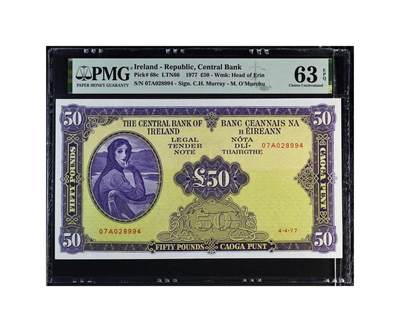 【Blue Auction】✨世界纸币精拍第546期【精】 - 爱尔兰 1977年50镑 拉弗雷夫人 河神 PMG63EPQ 全新原票 超大票幅 油墨凹凸感佳 值得收藏 