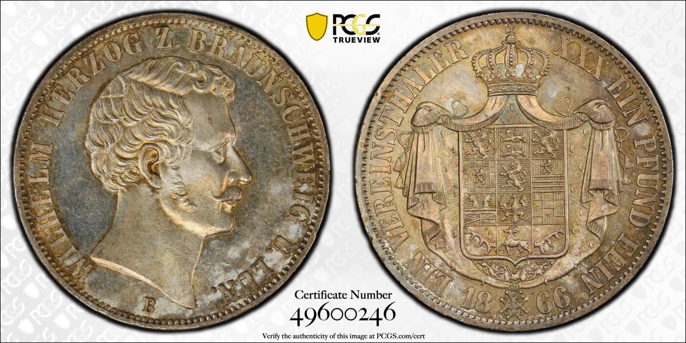 万国钱币拍卖第034期 PCGS MS63 1866年德国布伦瑞克-狼堡盾徽流通1泰勒 小邦精品 金彩包浆非常亮眼 