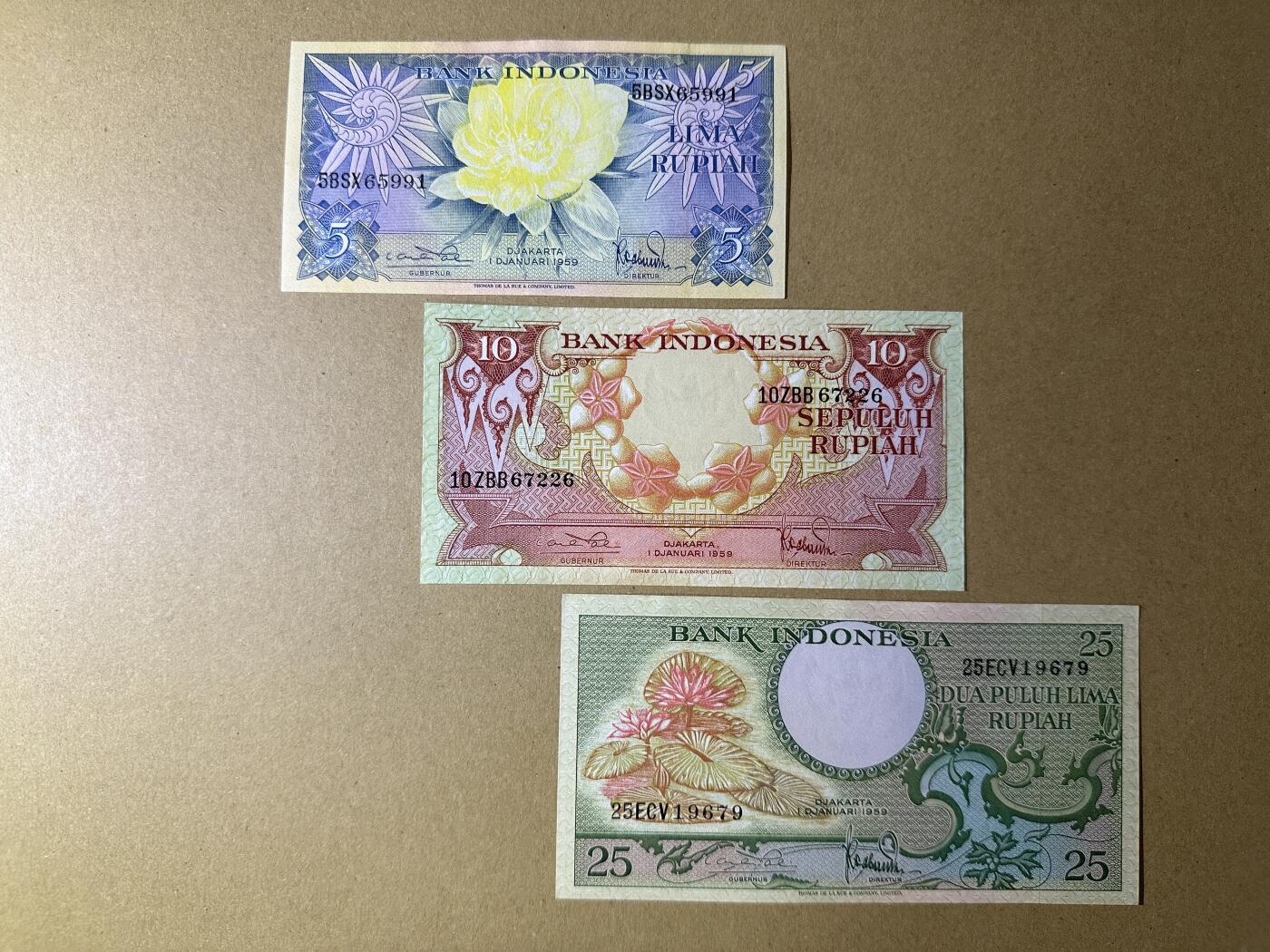 《张总收藏》168期-周六外币荟萃 印度尼西亚5、10、25盾3张 UNC- 1959年版 局部荧光