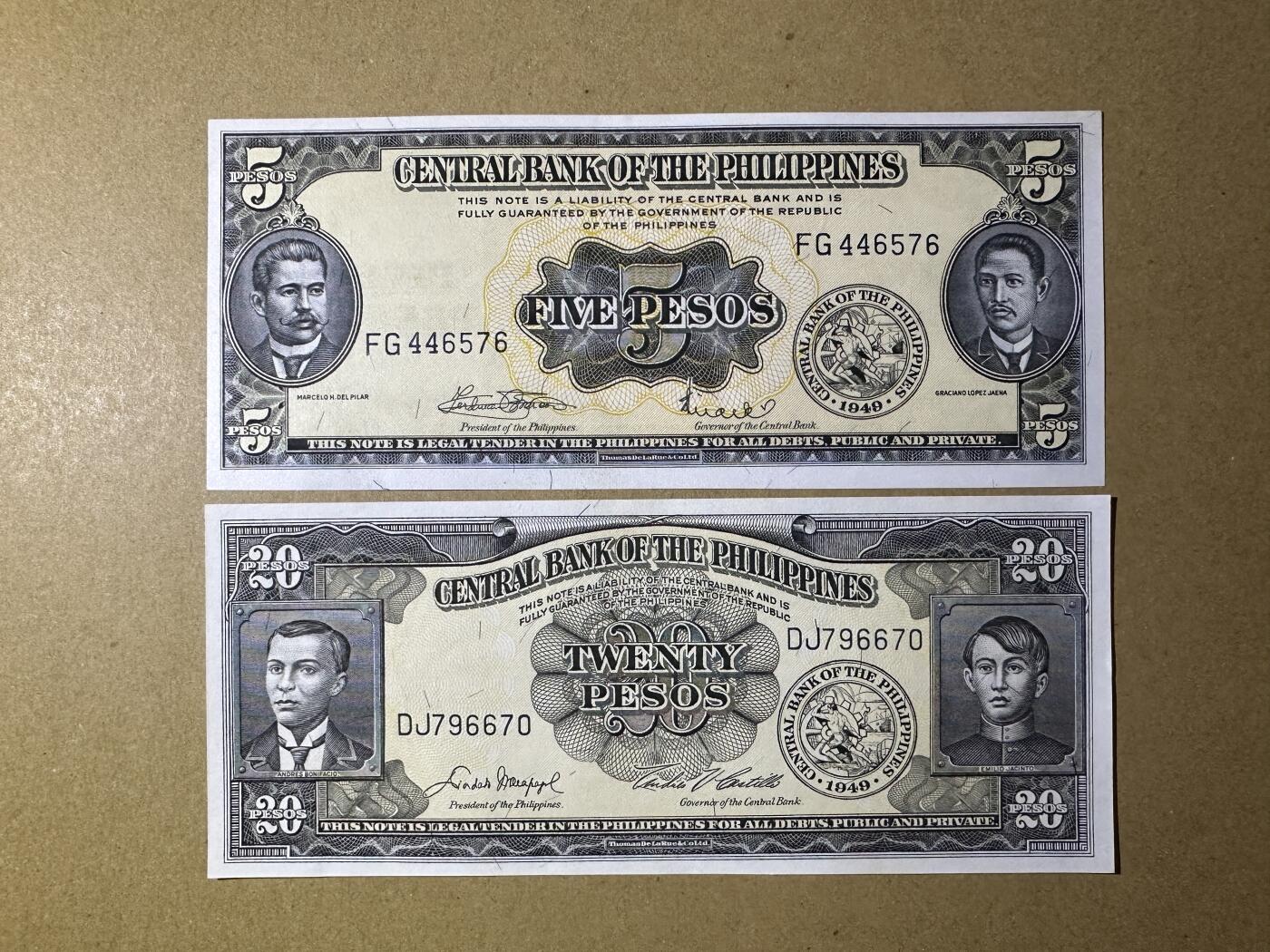《张总收藏》168期-周六外币荟萃 菲律宾5、20比索2张 UNC 1949年老版本