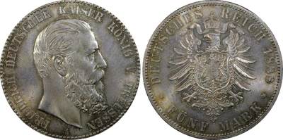 万国钱币拍卖第034期 - PCGS MS64+ 1888年德国三皇年腓特烈三世短翅5马克 青幽彩光 早期金盾 65也不过如此了