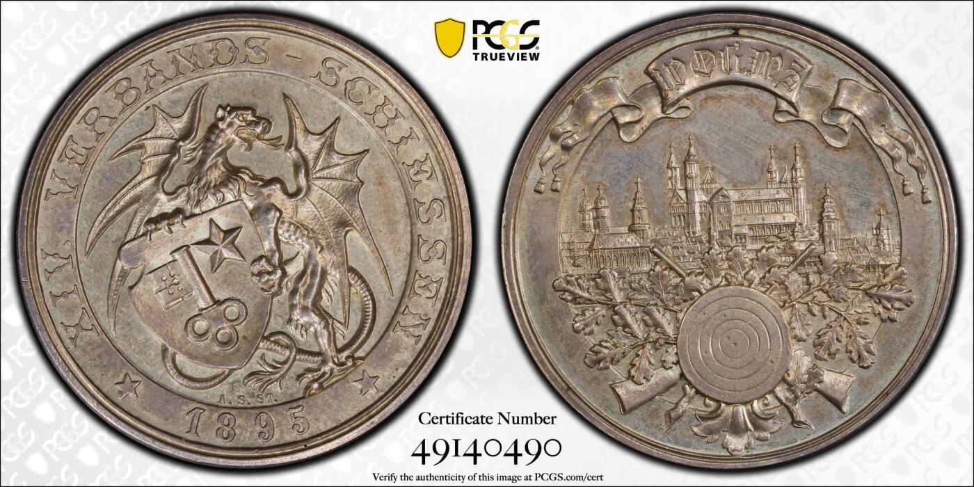 万国钱币拍卖第034期 NGC SP63 1895年德国第十四届联邦沃尔姆斯射击节大银章 格里芬龙手持盾徽俯视城市景观 经典名誉罕见品种 