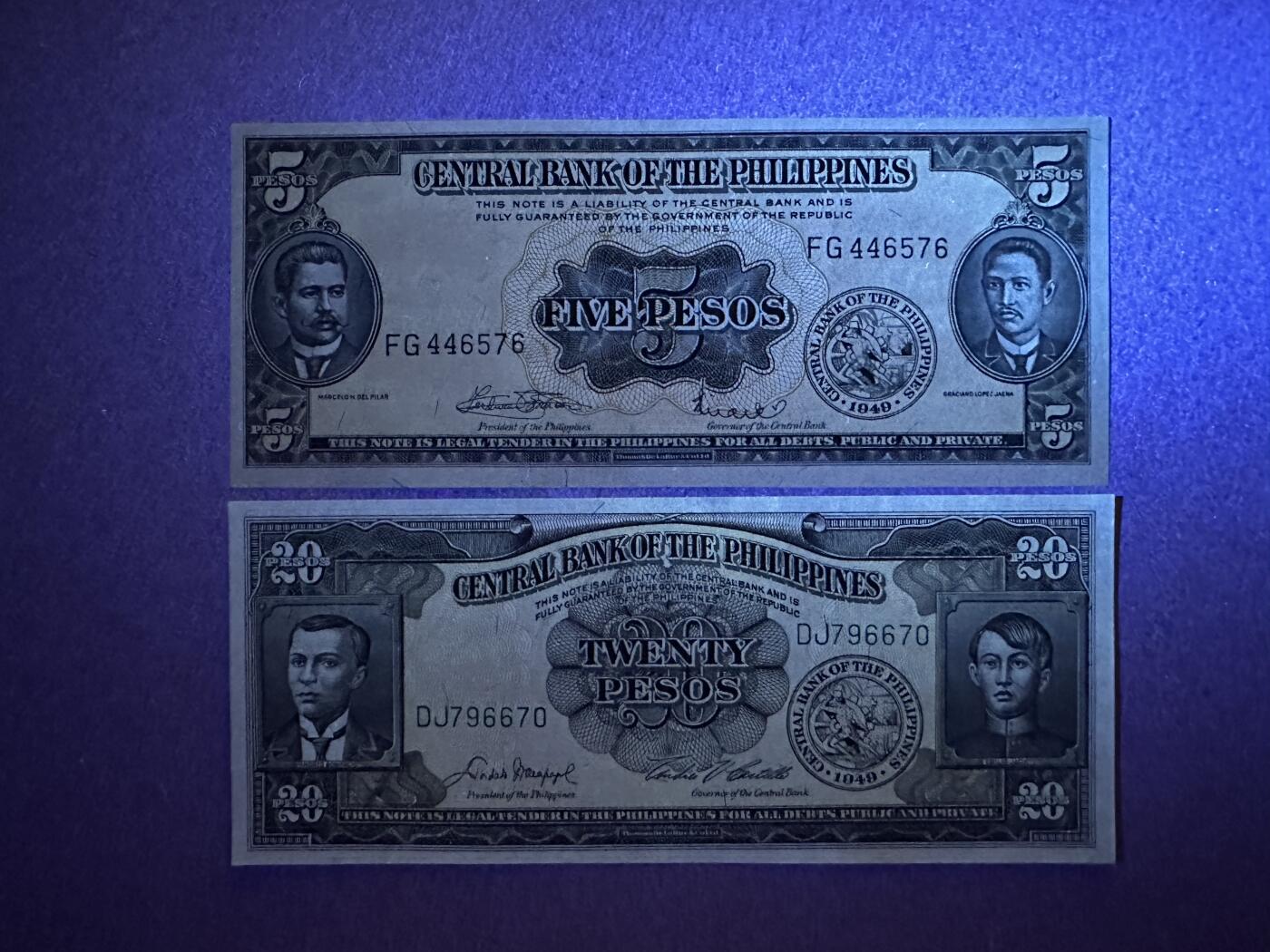 《张总收藏》168期-周六外币荟萃 菲律宾5、20比索2张 UNC 1949年老版本