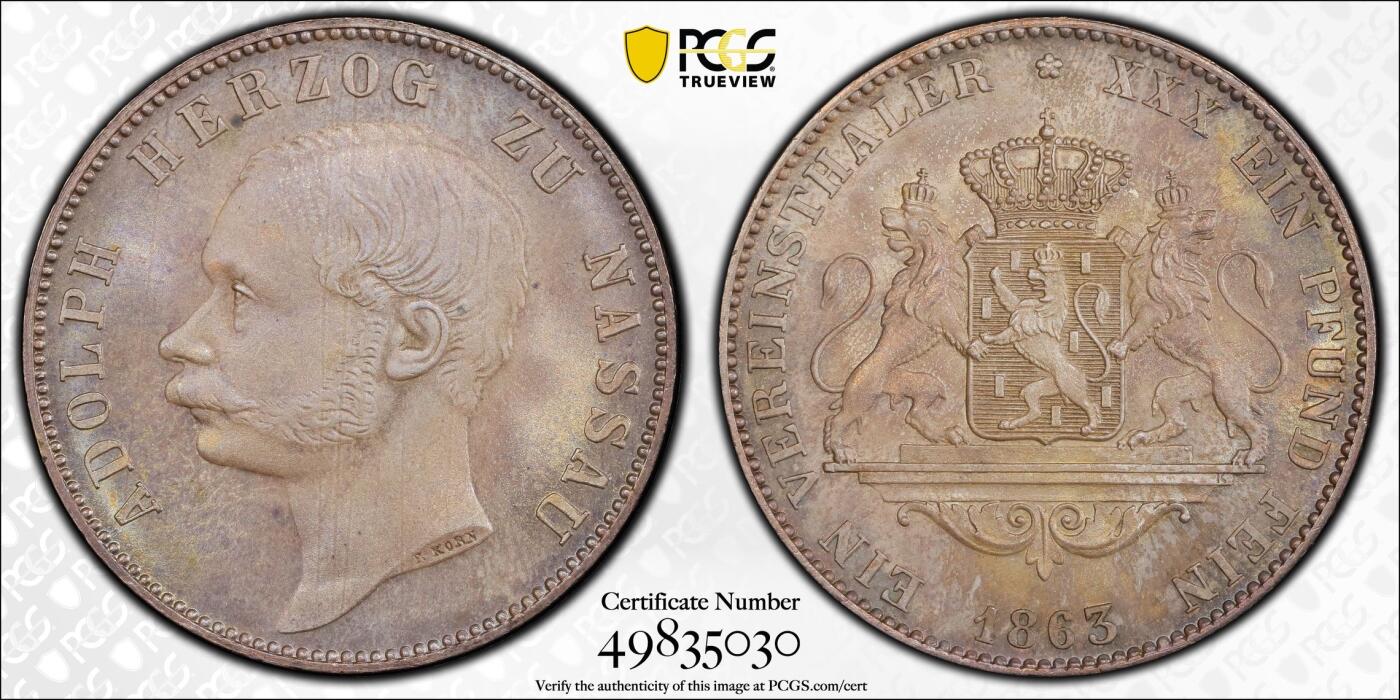 万国钱币拍卖第034期 PCGS MS65 1863年德国拿骚双狮流通1泰勒 BU曝光神品 完美紫色包浆 小邦外加流通充分 好品难度极其大的品种