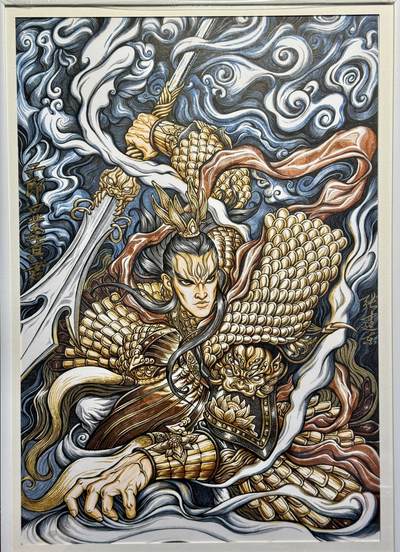 白泽拍卖卡牌手绘专场第22期中福卡展专场(离离暑云散，袅袅凉风起) - 2024 张建东手绘画 二郎显圣真君 已装裱 小A3尺寸 39cm*27cm