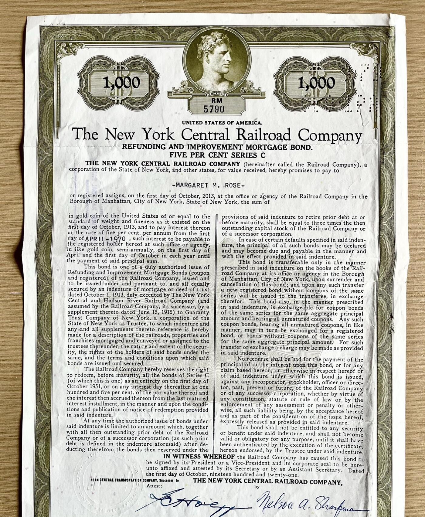 1913年纽约中央铁路债券，带钢印，有签名