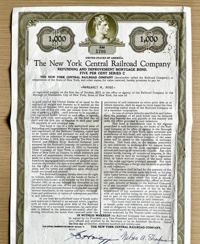 1913年纽约中央铁路债券，带钢印，有签名 - 1913年纽约中央铁路债券，带钢印，有签名
