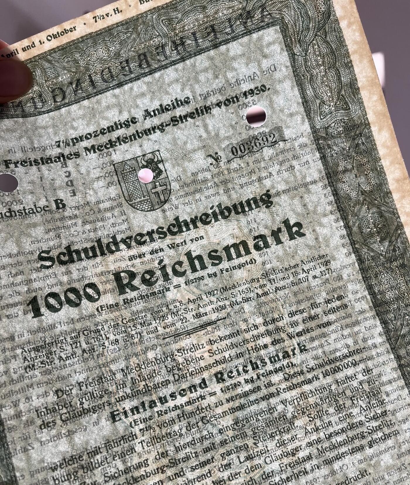 1930年德国梅克伦堡州债券，带钢印、有满版防伪水印