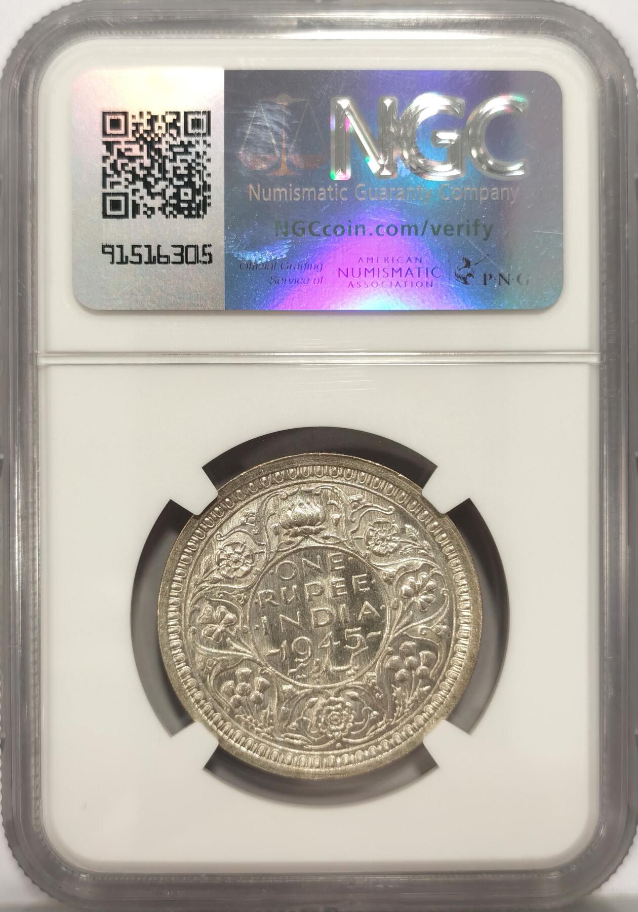博洋堂世界钱币拍卖第092期（全场包邮） NGC MS63 英属印度1945年B版乔治六世1卢比银币，BU原卷