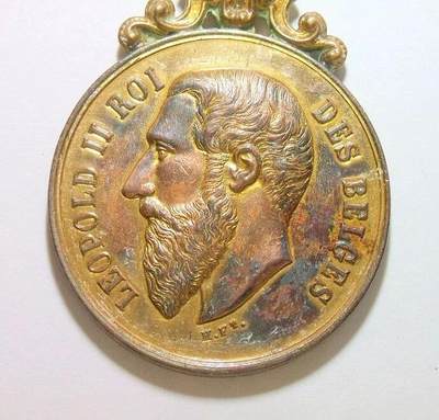 比利时1893年利奥波德二世高浮雕精制带皇冠大镀金章50MM - 比利时1893年利奥波德二世高浮雕精制带皇冠大镀金章50MM