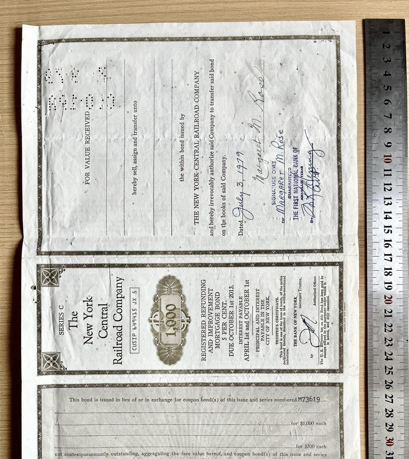 1913年纽约中央铁路债券，带钢印，有签名