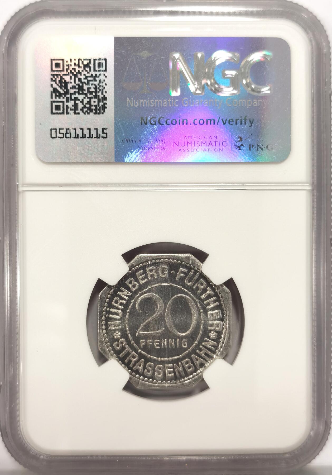博洋堂世界钱币拍卖第092期（全场包邮） NGC MS66 德国德紧纽伦堡1920年电车代用币20芬尼八角铝币2