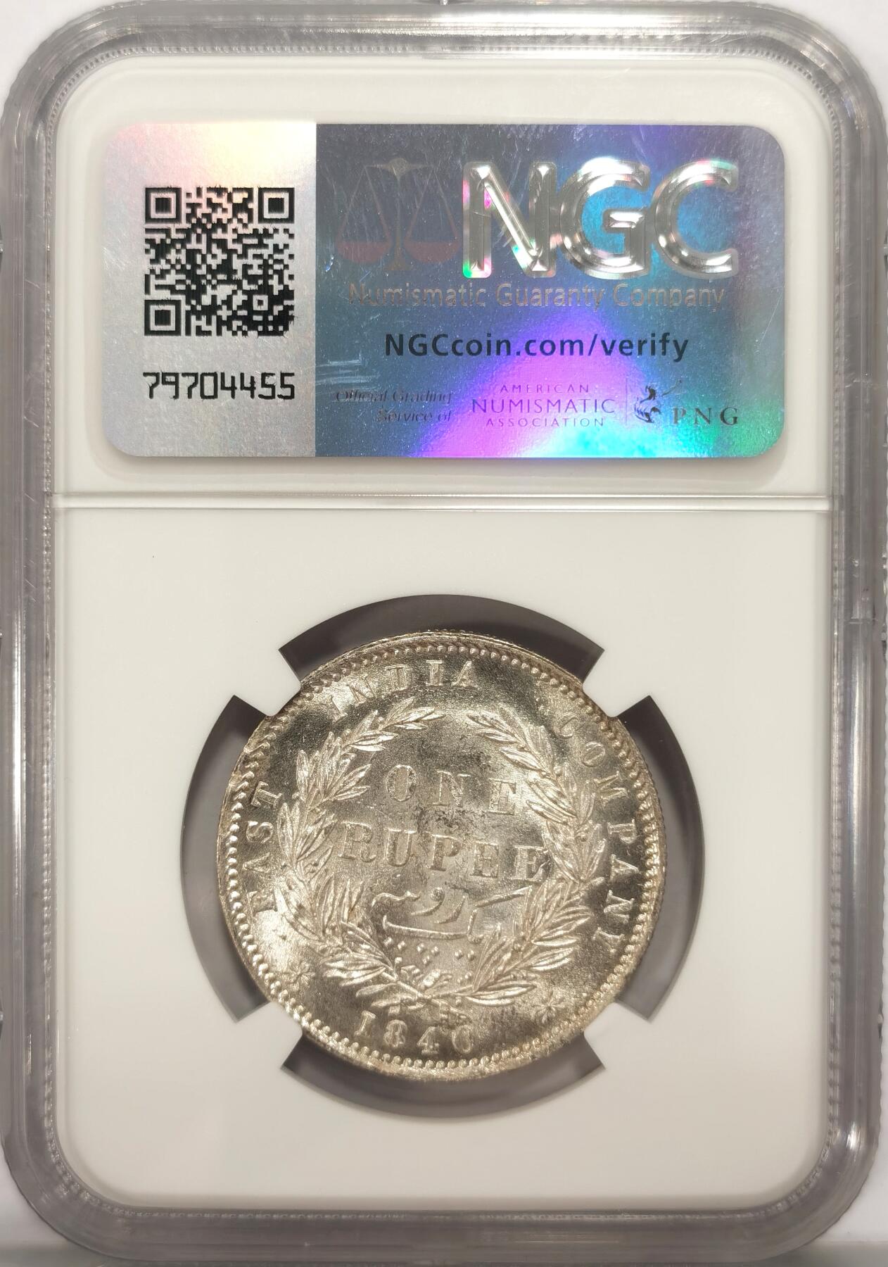 博洋堂世界钱币拍卖第092期（全场包邮） NGC MS63 英属东印度公司1840年B&C版维多利亚1卢比银币，双辫版1