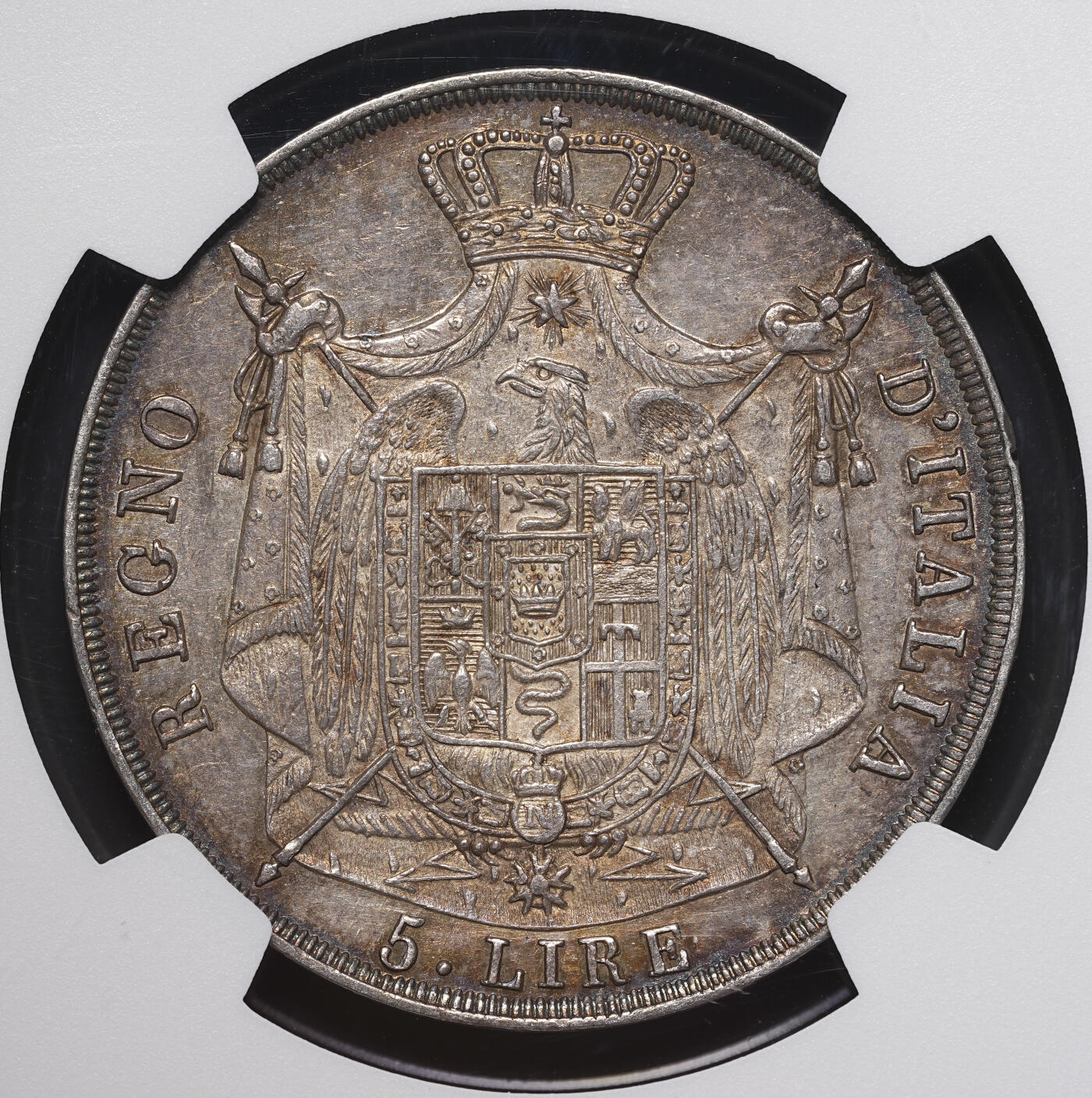 修遠堂世界钱币第四十期 全场包邮 稀少五彩 NGC AU53 1814年拿破仑意大利王国5里拉大银币 拿破仑在位最后一年 仅铸造10.2万枚 存世稀少