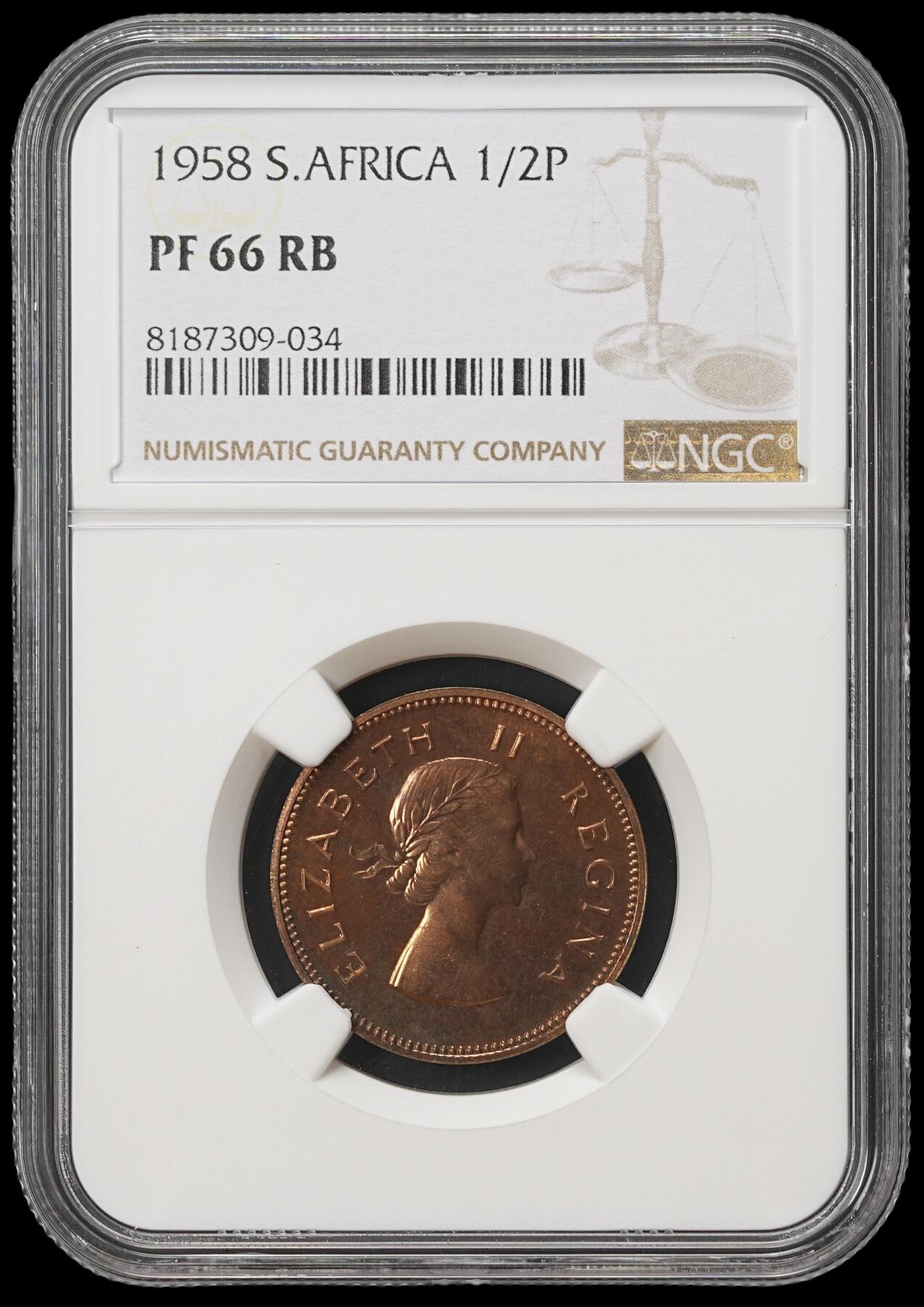 修遠堂世界钱币第四十期 全场包邮 NGC PF66RB 1958年南非1/2便士精制铜币 仅铸造985枚