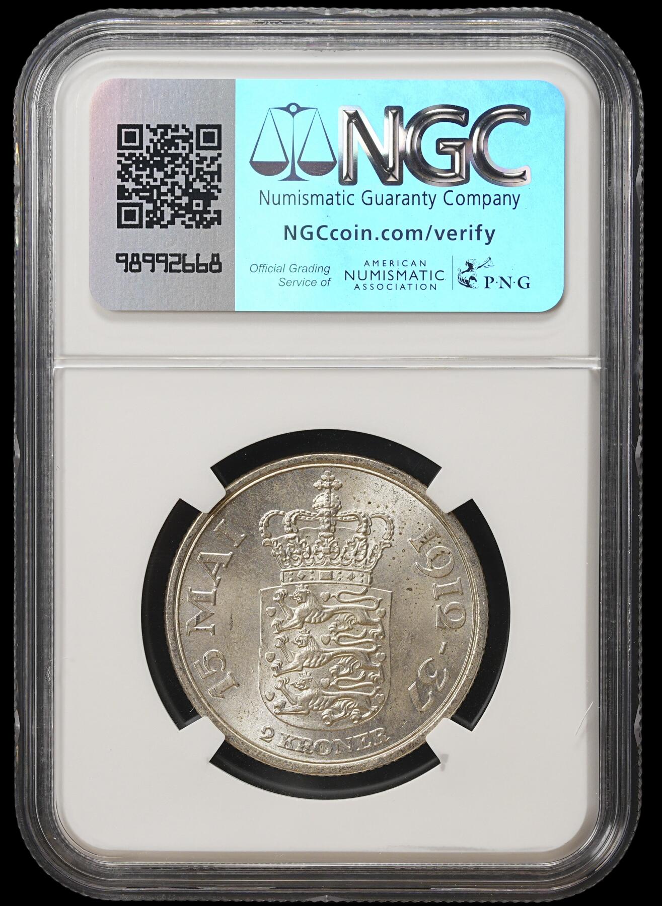 修遠堂世界钱币第四十期 全场包邮 NGC MS64 1937年丹麦国王登基25周年纪念2克朗银币
