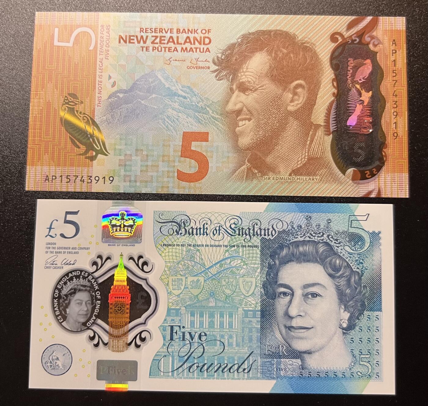 珑诚汇·乐淘淘 世界纸币拍卖 第32期 低佣场 新西兰塑料钞5元&英国女王塑料钞5镑 全新UNC
