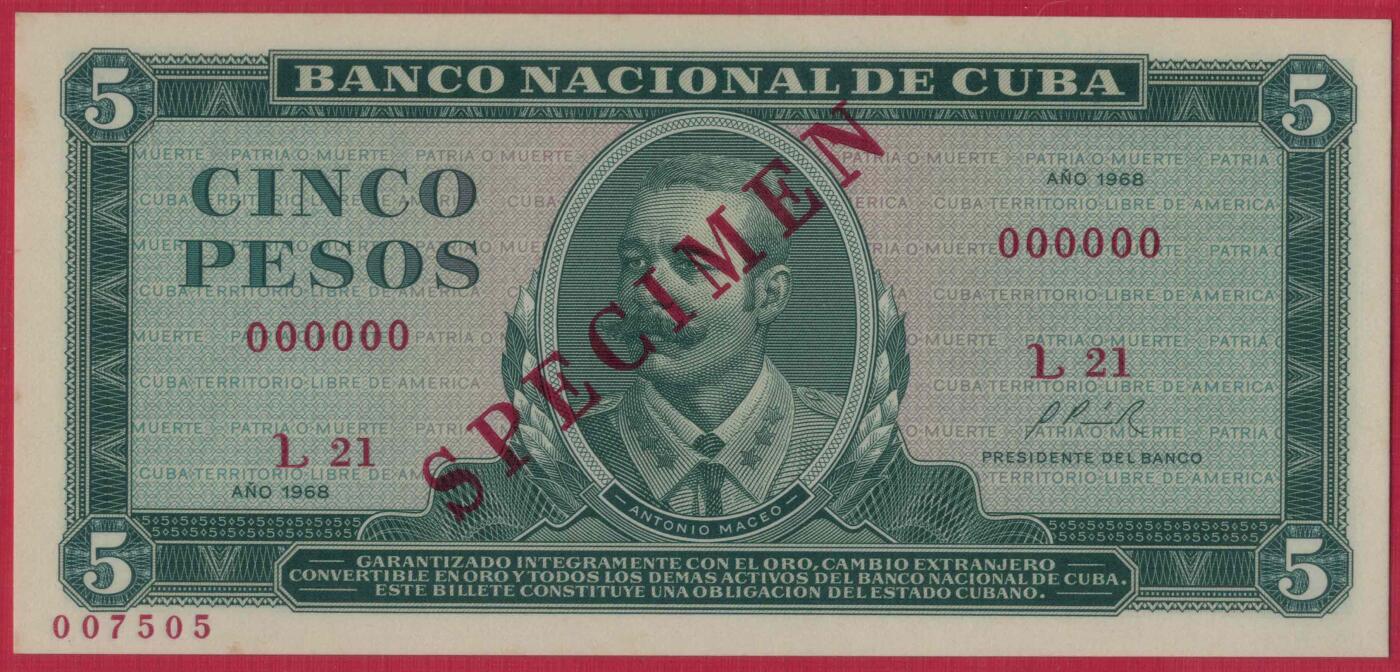 古巴1968年5比索 P-103s 样钞(票样 样票) 全0号 实物图 UNC 评级币65EPQD