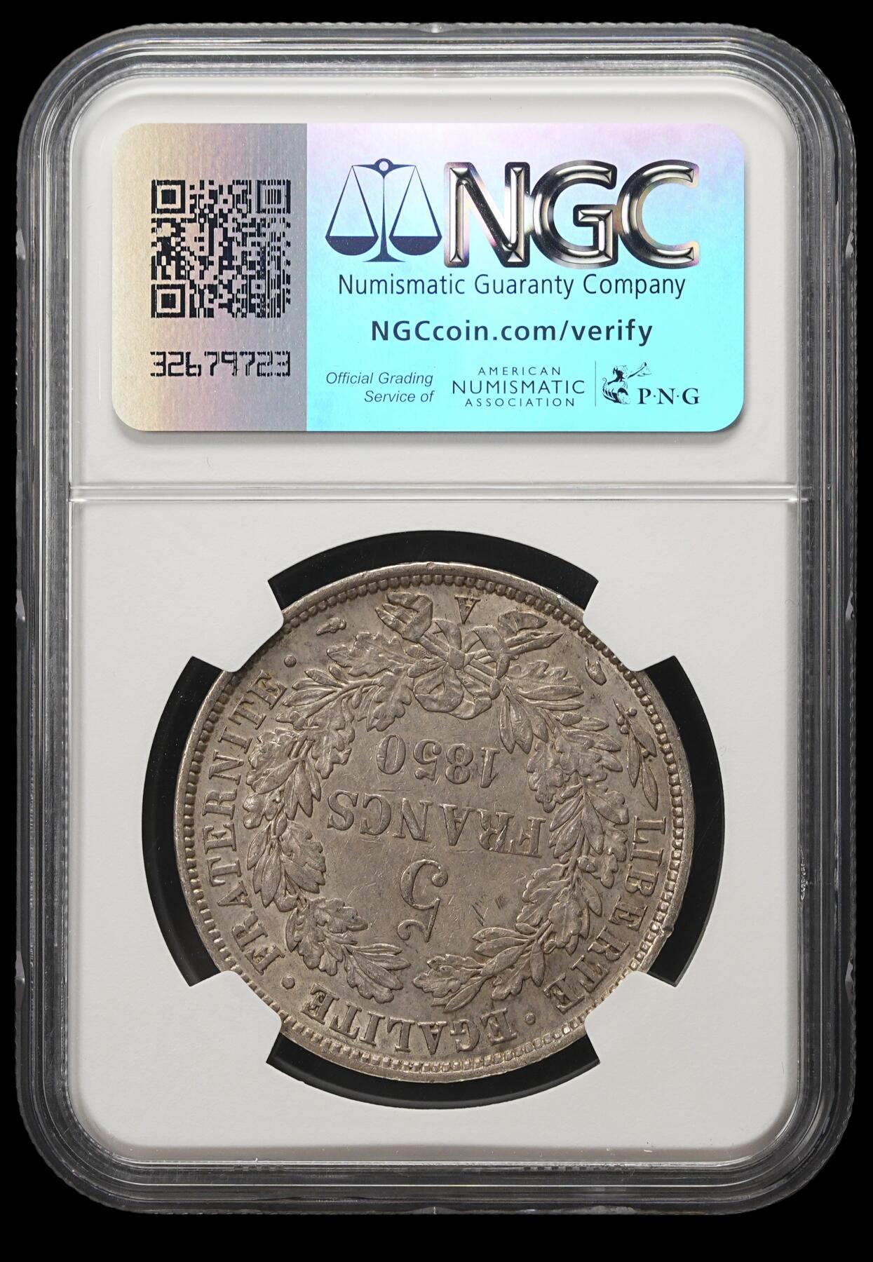 修遠堂世界钱币第四十期 全场包邮 纸袋灰彩 NGC AU53 1850年法国谷物女神5法郎大银币 A厂铭