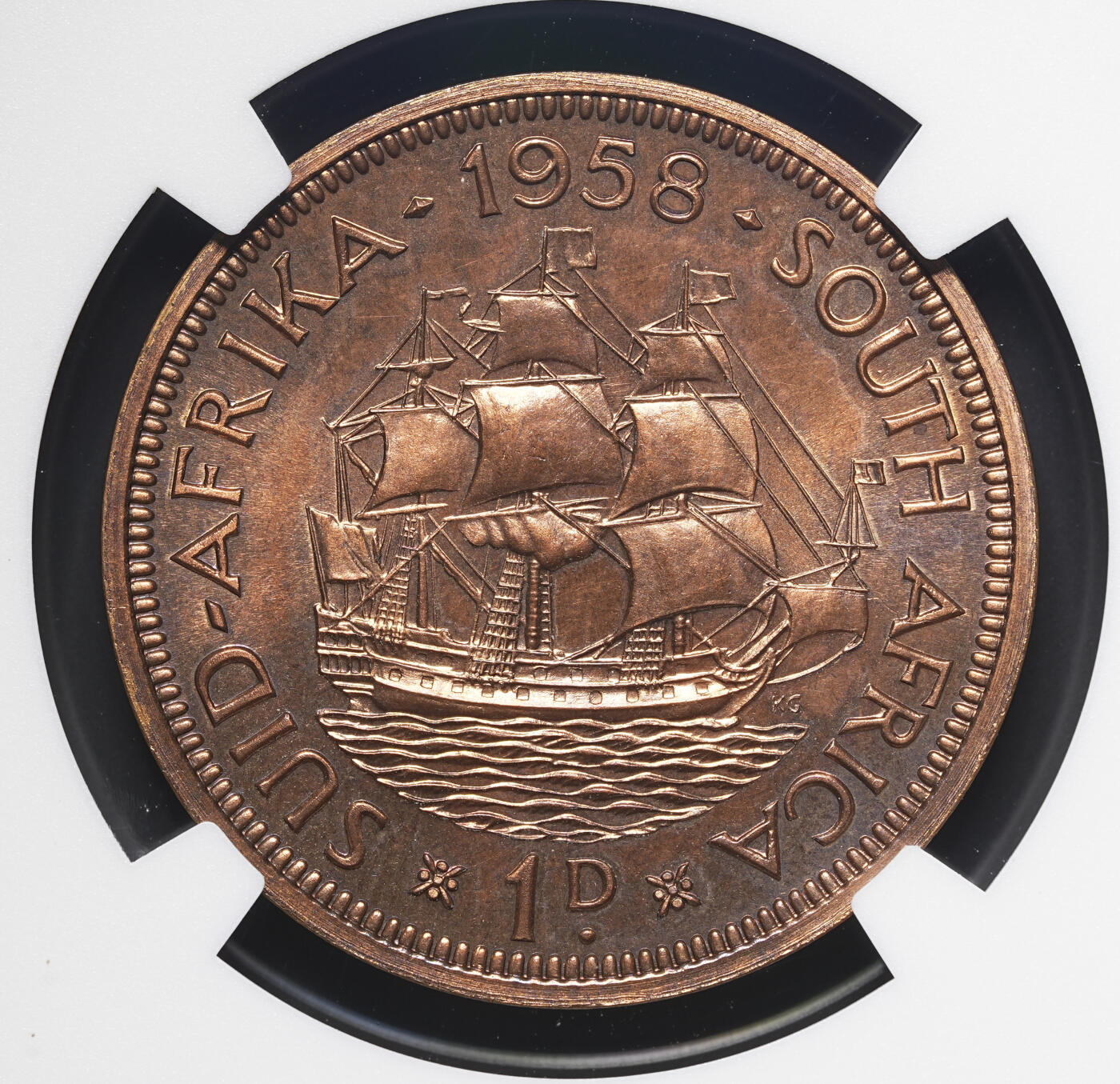 修遠堂世界钱币第四十期 全场包邮 NGC PF65RB 1958年南非1便士精制铜币 仅铸造985枚