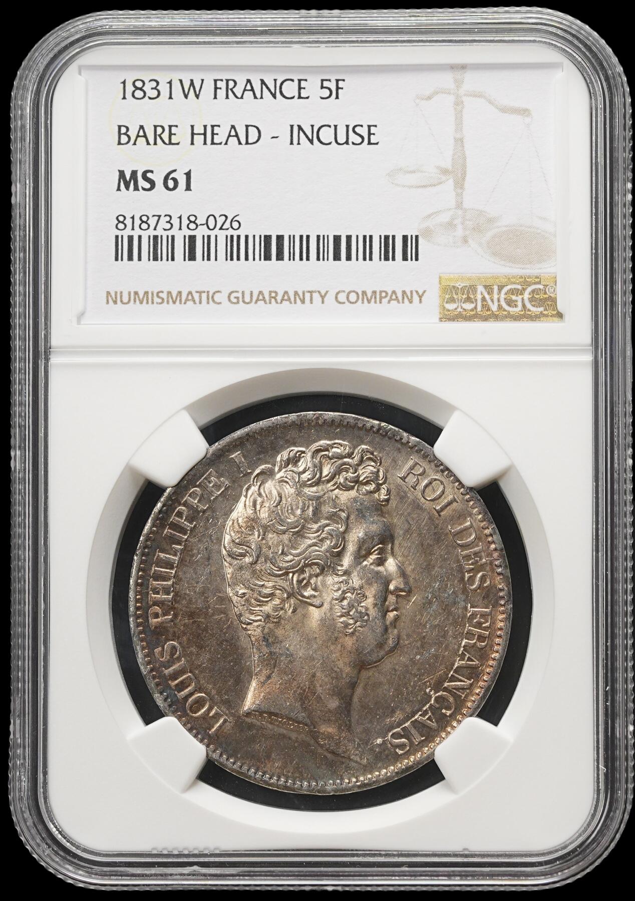 修遠堂世界钱币第四十期 全场包邮 五彩 NGC MS61 1831年菲利普一世5法郎大银币 W厂铭 少见小头版