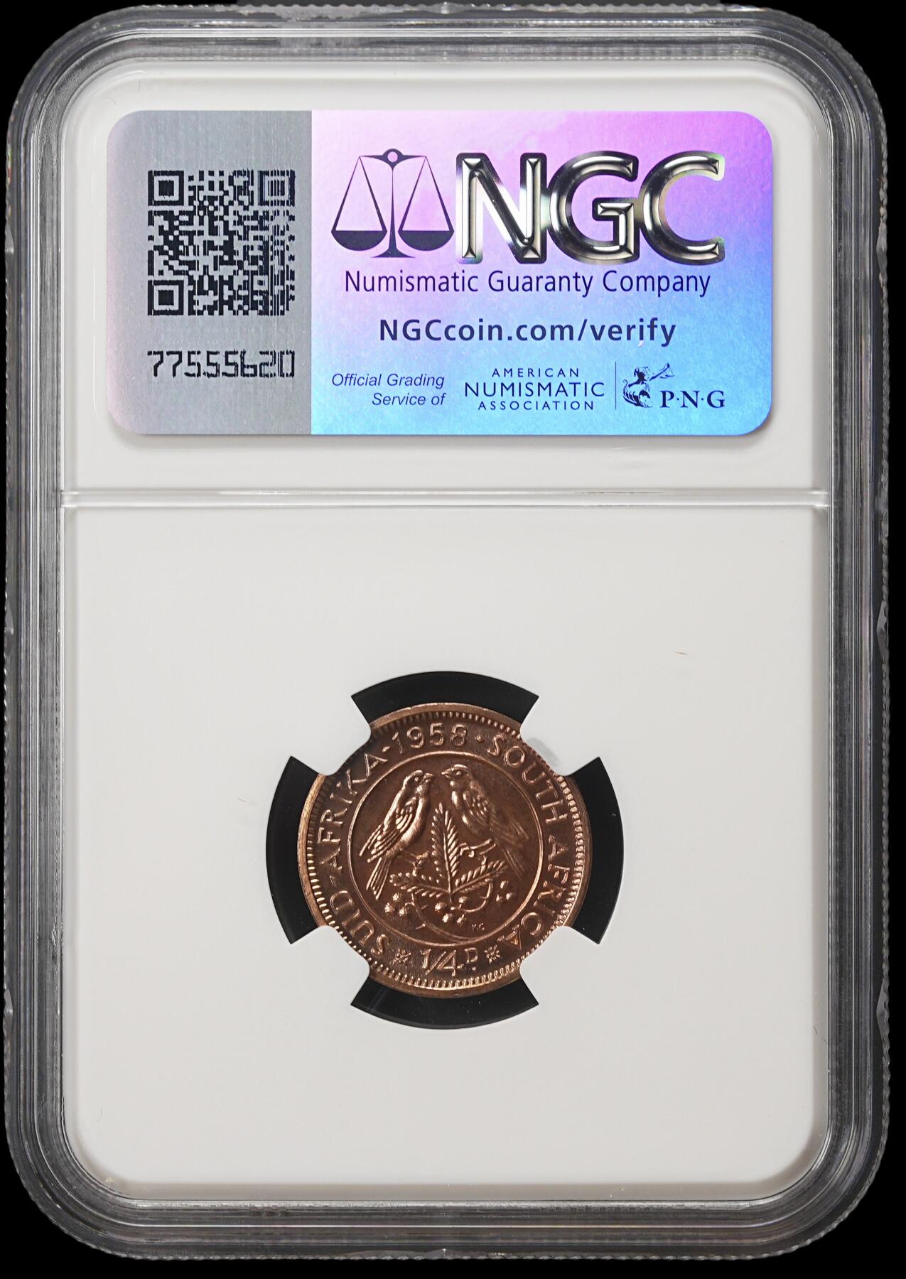 修遠堂世界钱币第四十期 全场包邮 NGC PF65RB 1958年南非1/4便士精制铜币 仅铸造985枚