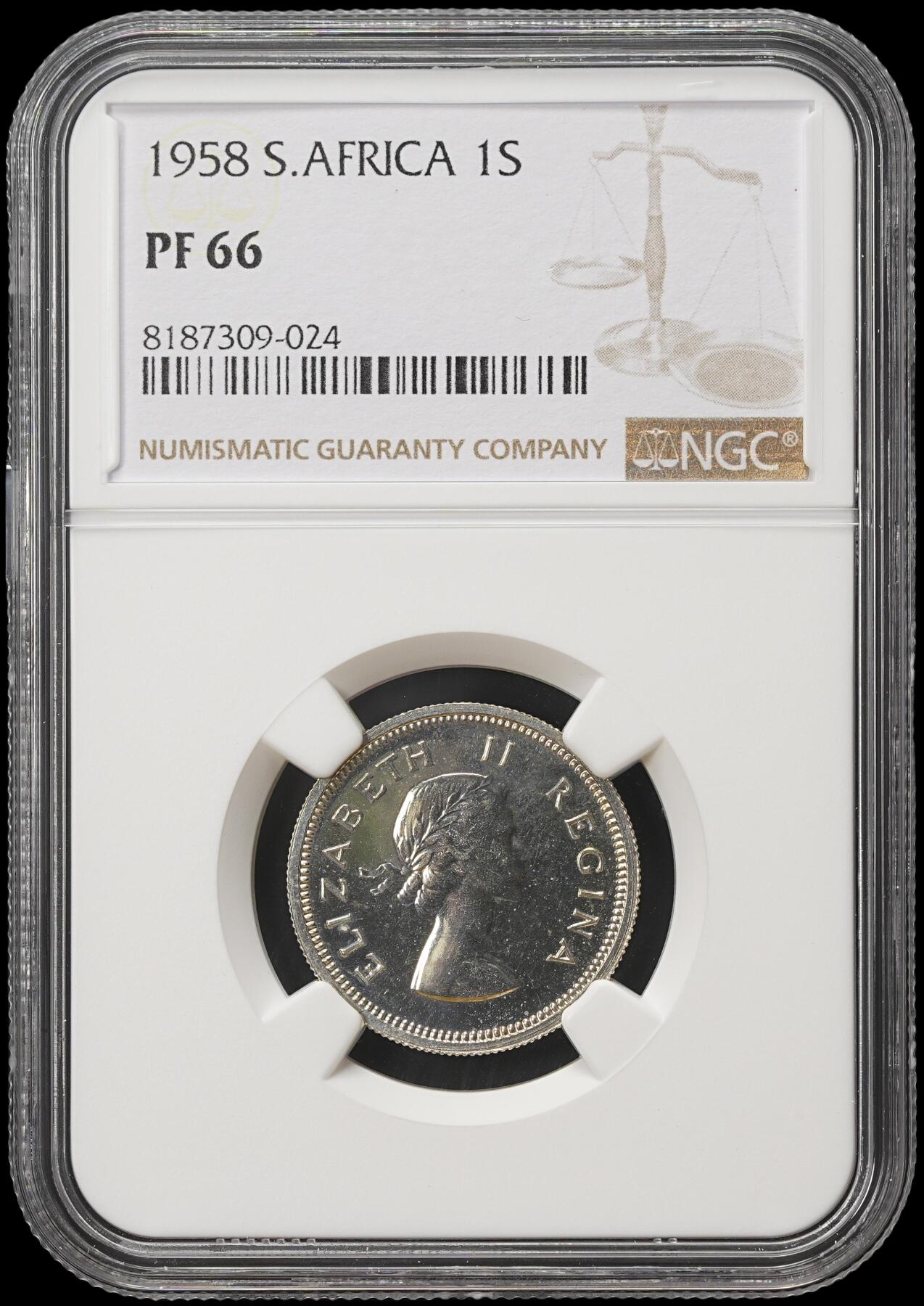 修遠堂世界钱币第四十期 全场包邮 NGC PF66 1958年南非1先令精制银币 仅铸造985枚