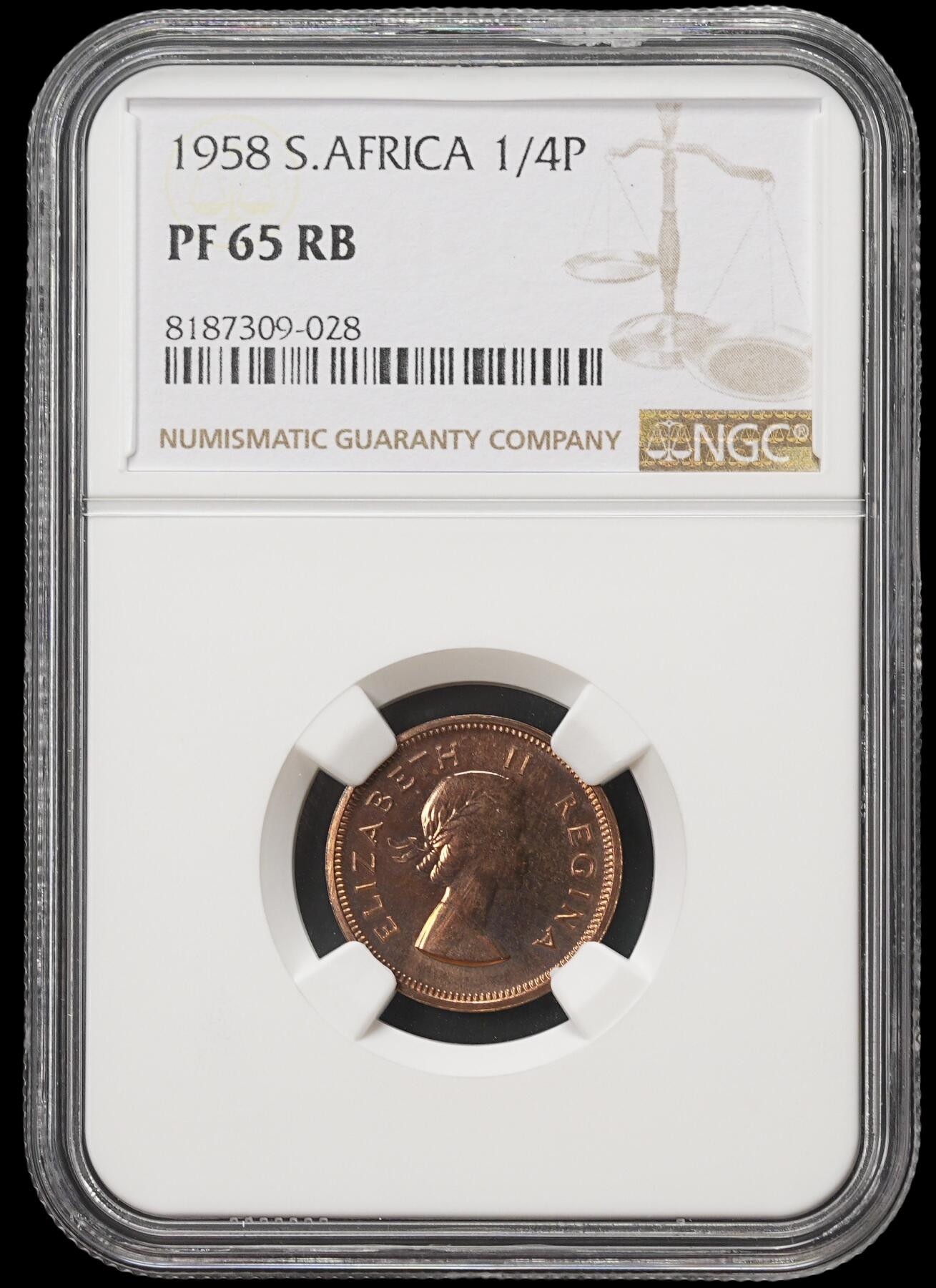 修遠堂世界钱币第四十期 全场包邮 NGC PF65RB 1958年南非1/4便士精制铜币 仅铸造985枚