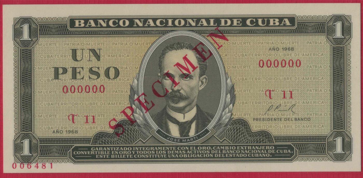 古巴1968年1比索 P-102s1 样钞(票样 样票) 全0号 实物图 UNC 评级币66EPQD