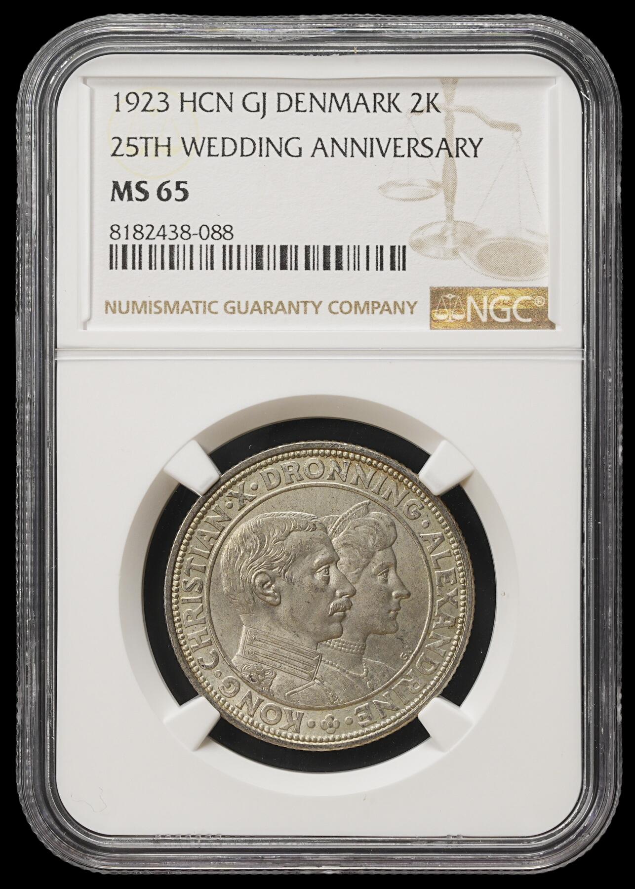 修遠堂世界钱币第四十期 全场包邮 NGC MS65 1923年丹麦国王银婚纪念2克朗银币