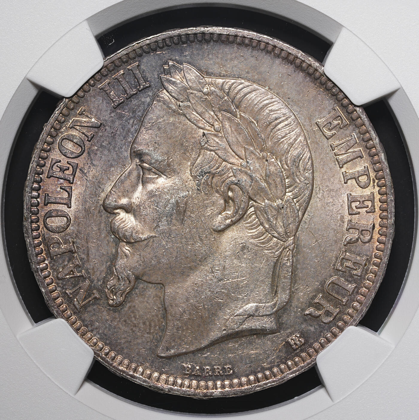 修遠堂世界钱币第四十期 全场包邮 五彩 NGC AU58 1867年拿破仑三世5法郎大银币 BB厂铭